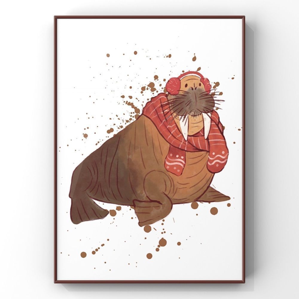 Christmas Animal Wall Art Winter Holiday Walrus in scarf and winter muffs art